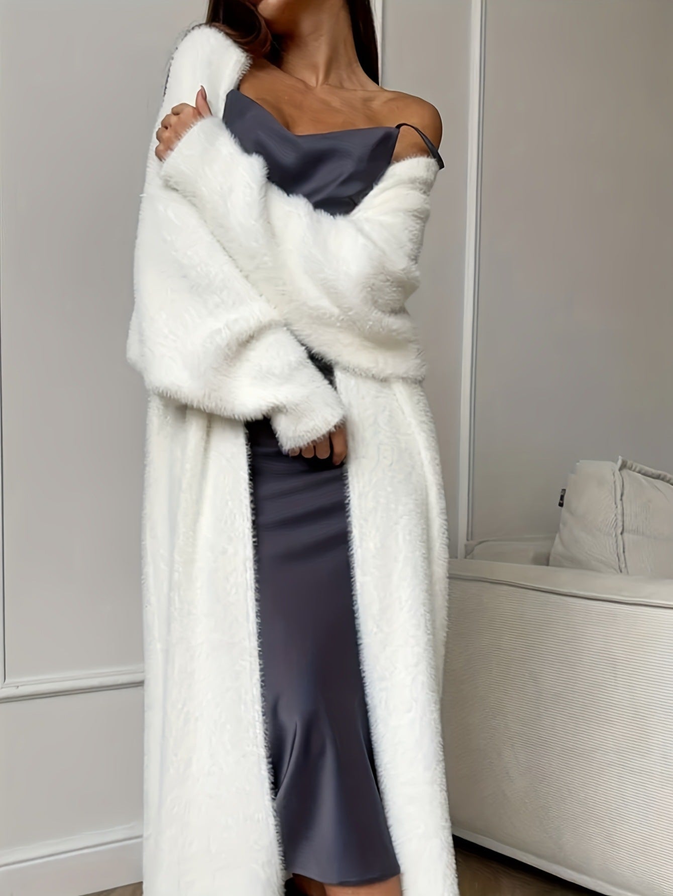 Cross-border Faux Mink White Cardigan Coat for Women, Loose Fit, Fluffy Long Cardigan for Autumn and Winter