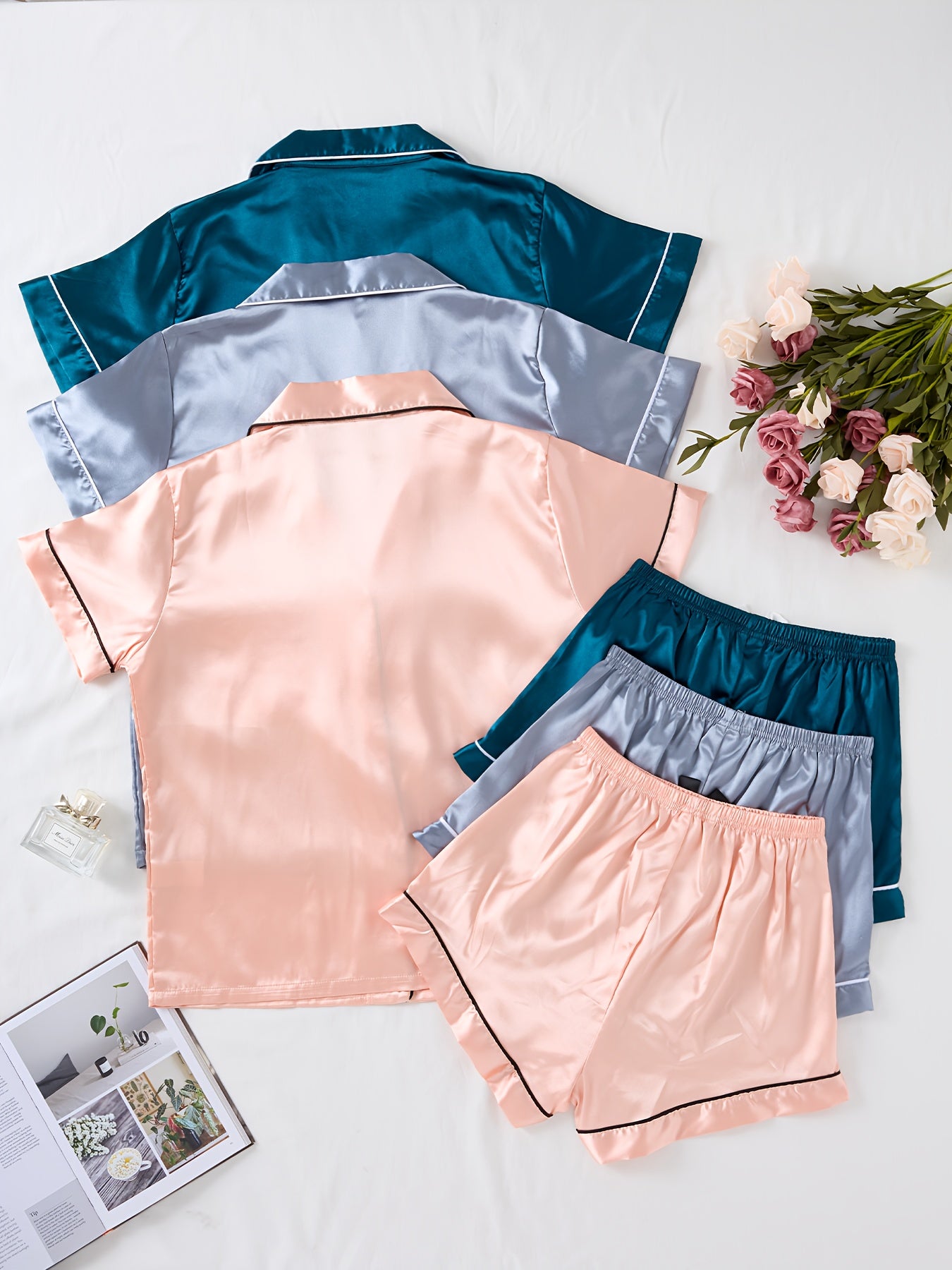 3 Pack Casual Fashion Comfortable Women'S Satin Set, Three Colors Plain Sleepwear with Button-Up Short Sleeve Shirt And Bow-Front Elastic Shorts
