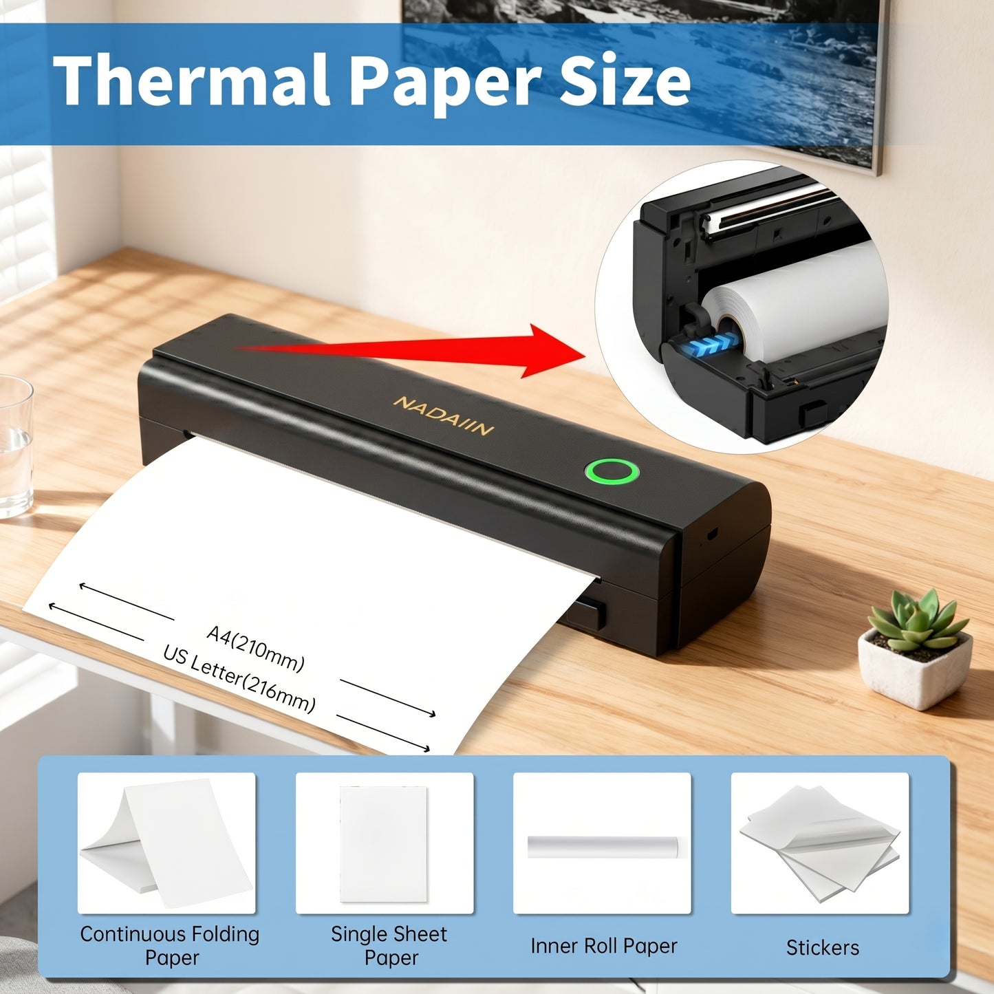 N80 Portable Inkless Thermal Printer, Wireless Wireless Mobile Printer Supports 8.5X11 US Letter A4 Thermal Paper, Compatible with Phone And Laptop for Home Office School Travel