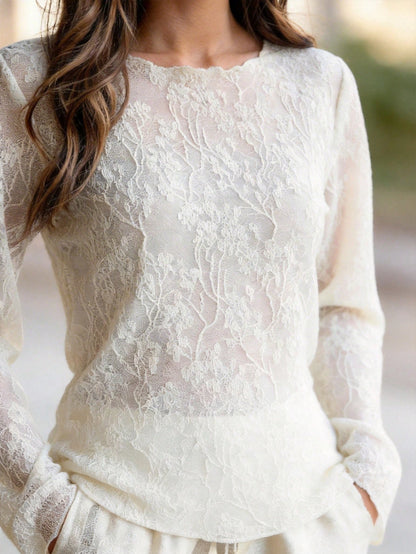 French Beige Lace Long-Sleeved Top Women'S 2026 Summer Floral See-Through Waist Flared Sleeves Temperament Commuter Blouse
