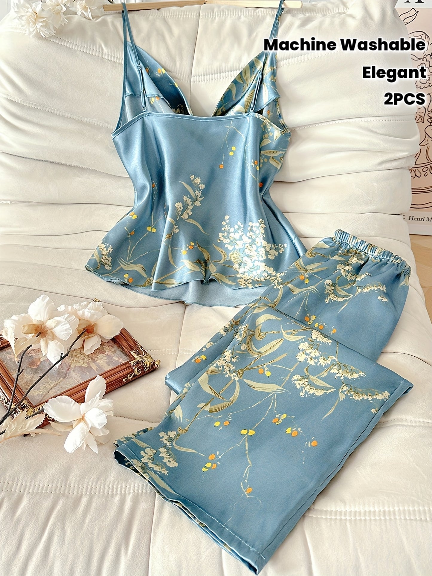 Women's 2pcs Cherry Print Pile Neck Nightgown - Elegant Sleepwear Matching Pajamas, All-Season Machine Washable Sleepwear Suit for s, 2pcs set (Non-)