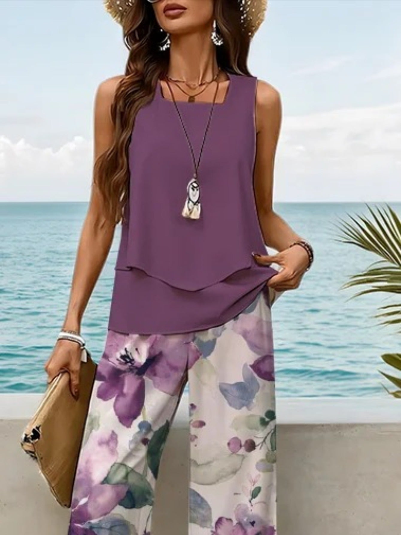 New Spring & Summer 2pcs Set Sleeveless Top with Matching Long Pants Bright Printed Design Soft & Stretchy Fabric Suitable for Various Occasions