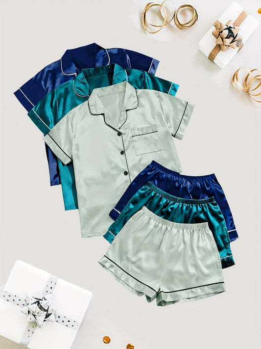 Casual Fashion Comfortable 6pcs Set Solid Color Stretch Satin Jersey Short Sleeve Shirt & Elastic Waist Shorts Standard Size 2pcs Pajama Set