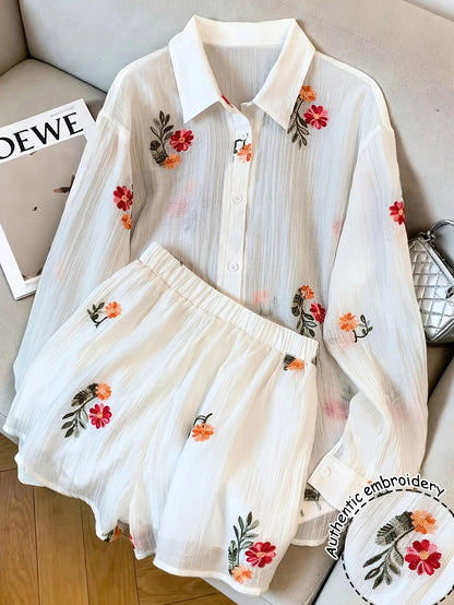 ASD1 Spring/Summer Casual Elegant Vacation Commute Date Outdoor Outfit Romantic Floral Embroidered Long Sleeve Shirt with Elastic Waist Shorts 2pcs Set for Women