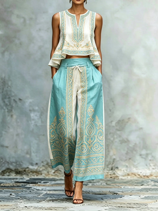 European and American Summer Sleeveless V-neck Top + High-waisted Wide-leg Pants Set