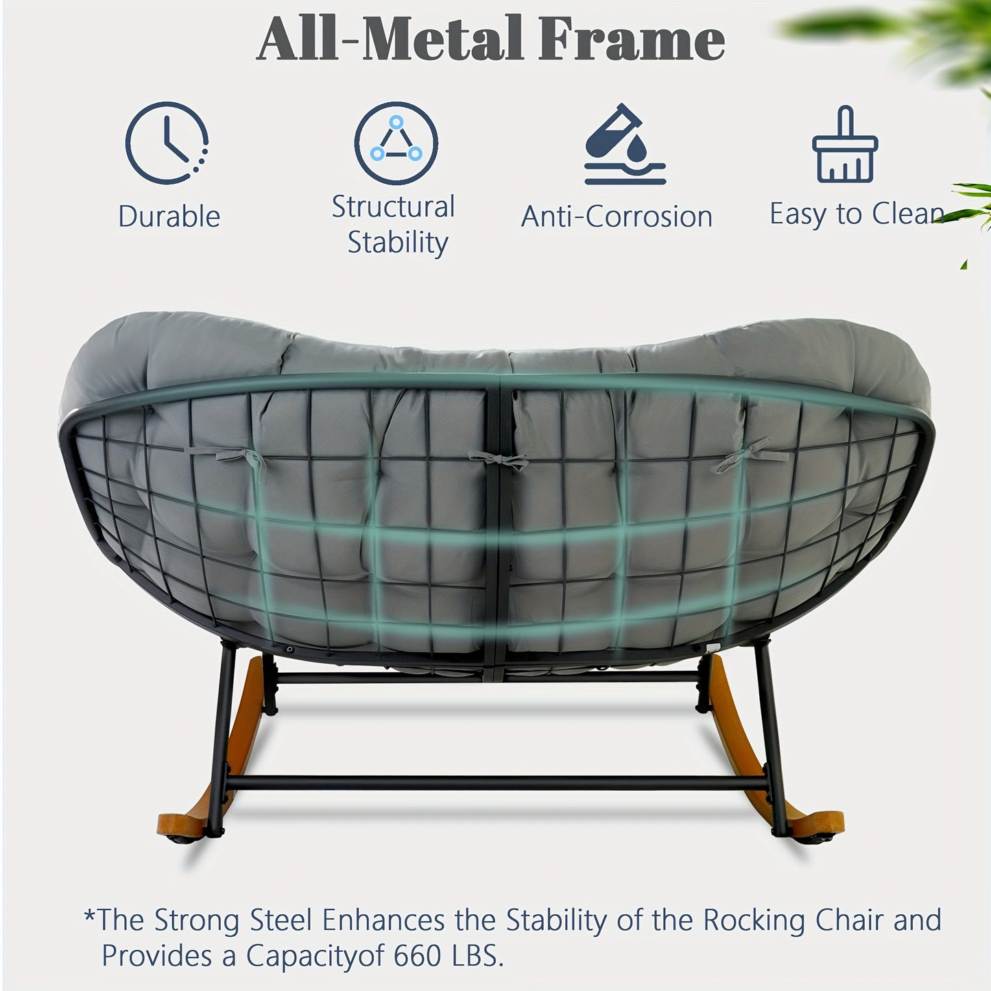 Outdoor Patio Rocking Chair, Oversized Papasan Rocking Chair for 2 with E-Coated Steel Frame And Thick Cushion