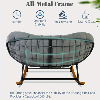 Outdoor Patio Rocking Chair, Oversized Papasan Rocking Chair for 2 with E-Coated Steel Frame And Thick Cushion