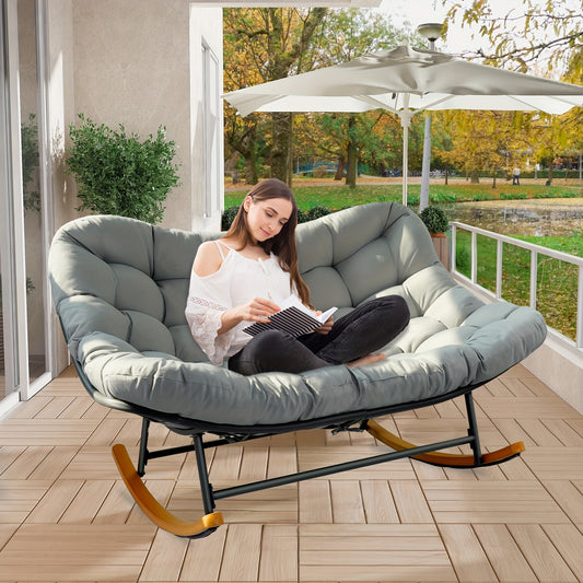Outdoor Patio Rocking Chair, Oversized Papasan Rocking Chair for 2 with E-Coated Steel Frame And Thick Cushion