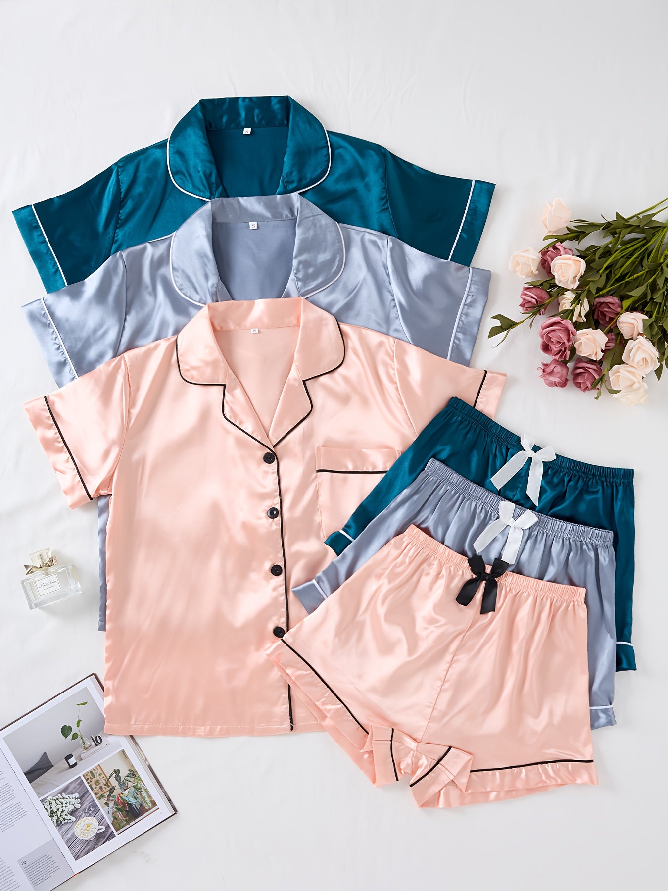 3 Pack Casual Fashion Comfortable Women'S Satin Set, Three Colors Plain Sleepwear with Button-Up Short Sleeve Shirt And Bow-Front Elastic Shorts