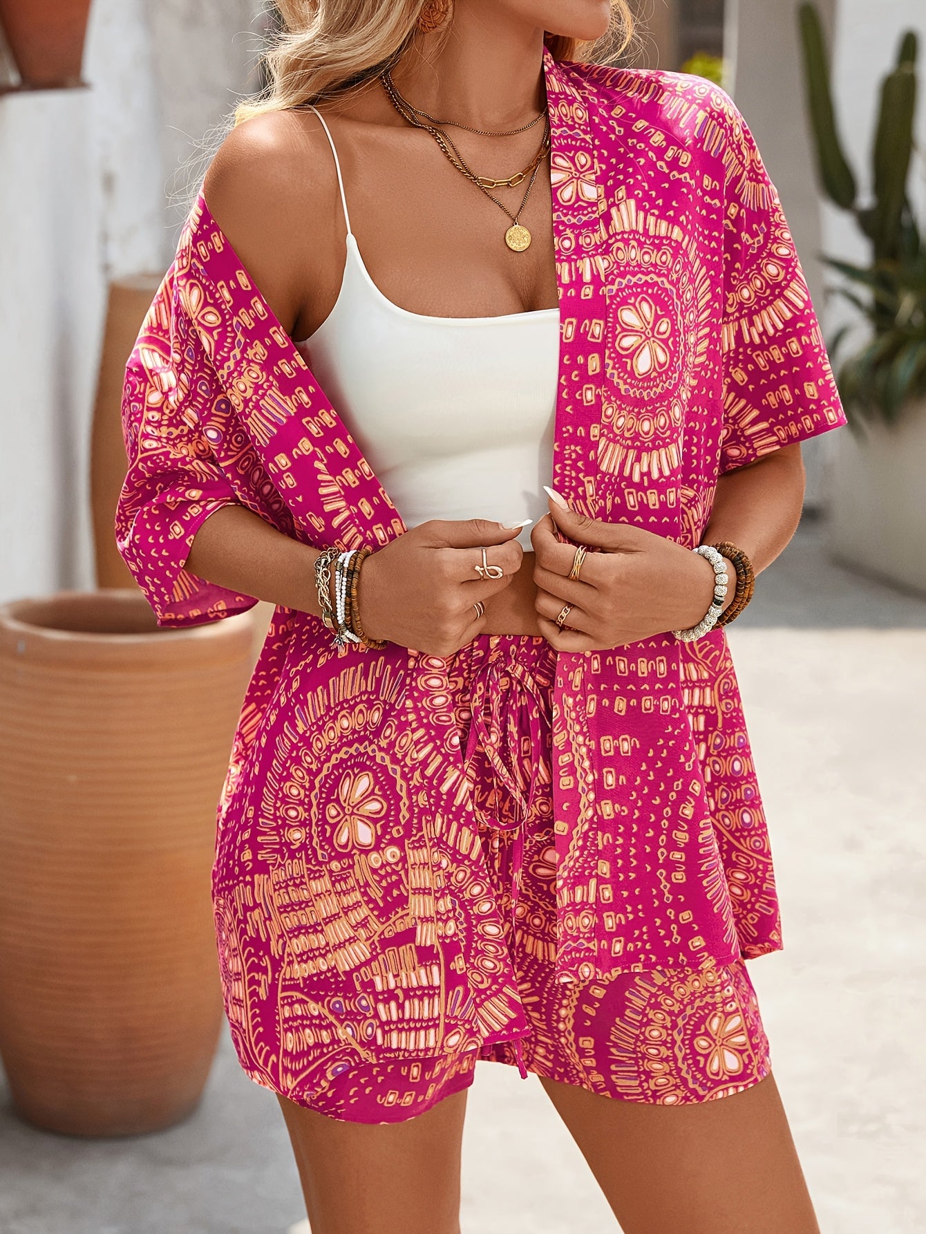 European and American Spring, Summer, Autumn New Random Print Random Cut Short Sleeve Open Cardigan Shorts Elegant Casual Set (No Bra Included)