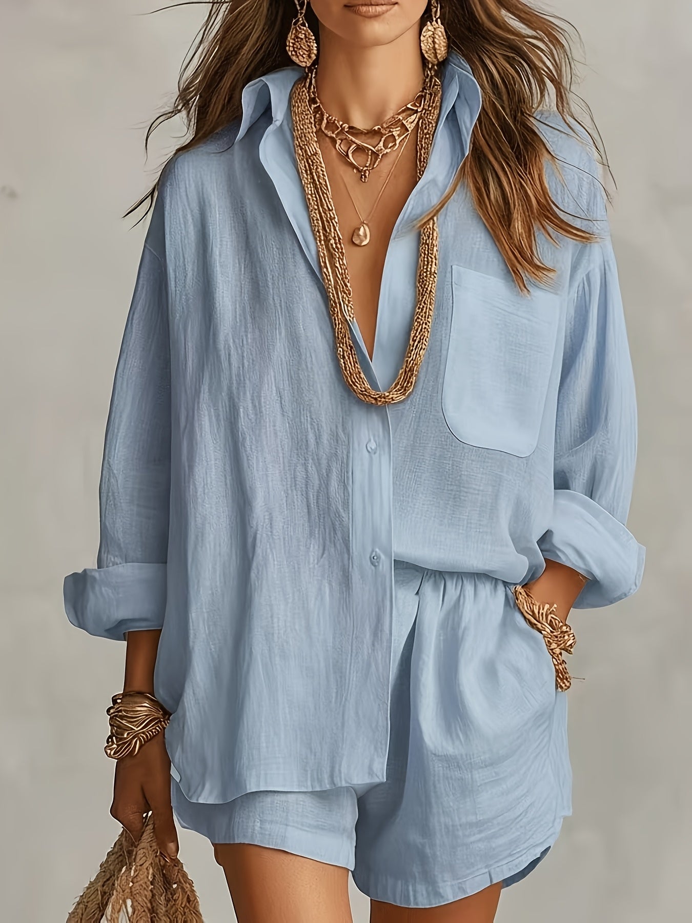 2026 Spring/Summer New European And American Fashion Printed Shirt And Pants 2pcs Set Lazy Style Shirt Set Fashion Solid Color Shorts 2pcs Set Elegant Women's Set