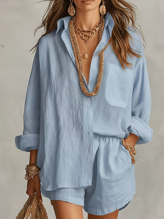 2026 Spring/Summer New European And American Fashion Printed Shirt And Pants 2pcs Set Lazy Style Shirt Set Fashion Solid Color Shorts 2pcs Set Elegant Women's Set