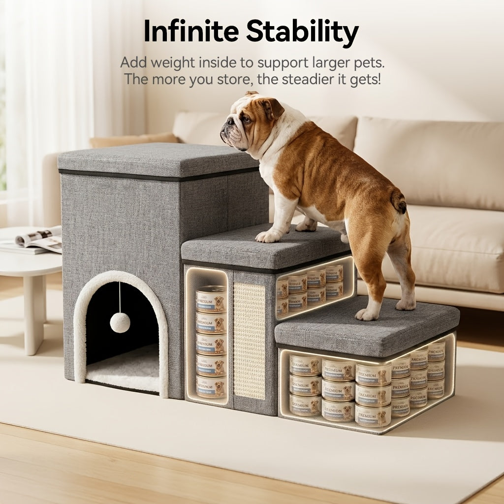 1pc Foldable Dog Ramp - Anti-Slip Multi-Tier Fabric Steps with Hidden Storage, 3-Tier Configuration Dog Staircase, Ideal for High Beds And Sofa, Durable Wear-Resistant Construction, Solid Stairs with Cat Scratcher And Cat Toys