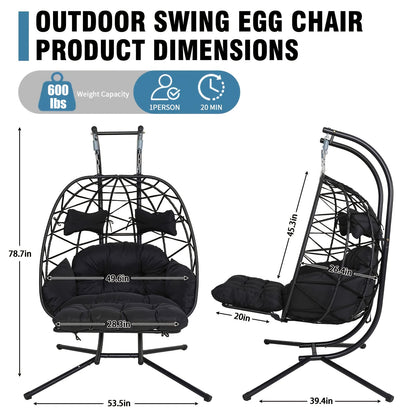 Double Egg Swing Chair with Stand, Outdoor Patio 2 Person Hammock Swing Chair All-Weather Rattan Wicker Hanging Egg Chairs with Cushion, Swinging Loveseat for Lawn Garden