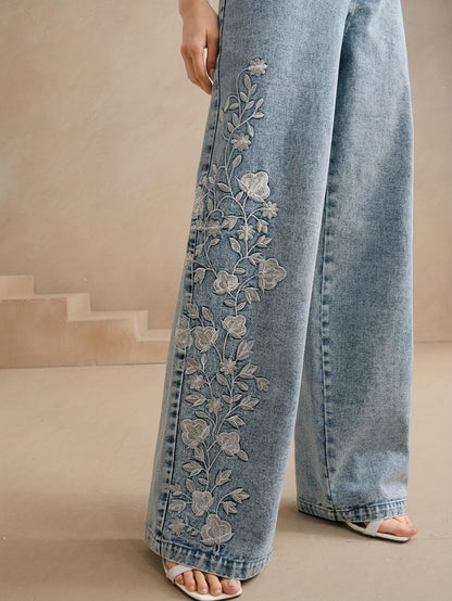 Women's Elegant Floral Embroidered Denim Trousers