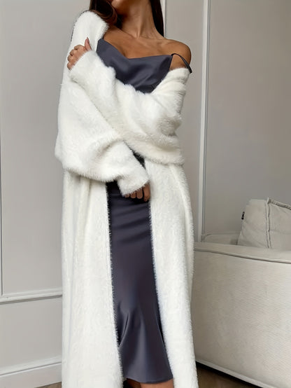 Cross-border Faux Mink White Cardigan Coat for Women, Loose Fit, Fluffy Long Cardigan for Autumn and Winter