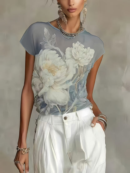 YYTT Women'S Fashion Elegant Commute Floral Print Chiffon T-Shirt Top Party Vacation Mesh Printed Short Sleeve T-Shirt