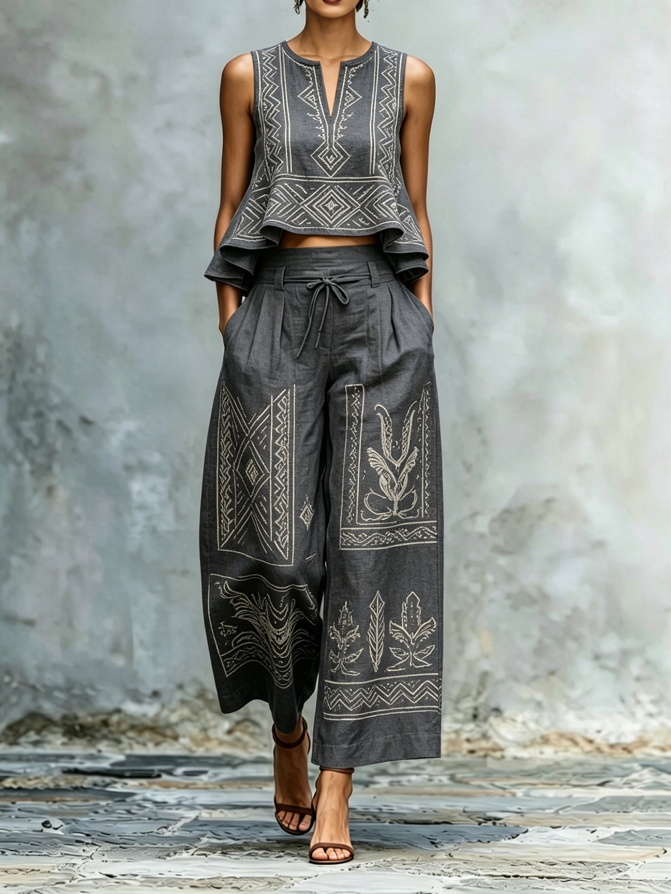 European and American Summer Sleeveless V-neck Top + High-waisted Wide-leg Pants Set