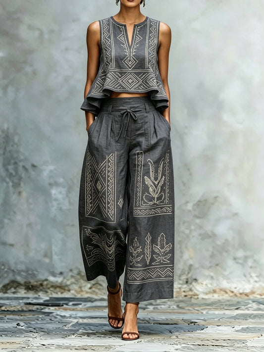 European and American Summer Sleeveless V-neck Top + High-waisted Wide-leg Pants Set