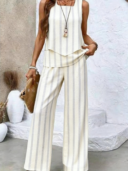 Flat Print, New Elegant Women'S Two-Piece Set, Spring/Summer Style, Striped Vest Paired with Casual Trousers