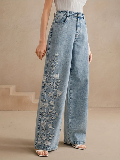 Women's Elegant Floral Embroidered Denim Trousers