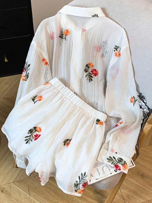 ASD1 Spring/Summer Casual Elegant Vacation Commute Date Outdoor Outfit Romantic Floral Embroidered Long Sleeve Shirt with Elastic Waist Shorts 2pcs Set for Women
