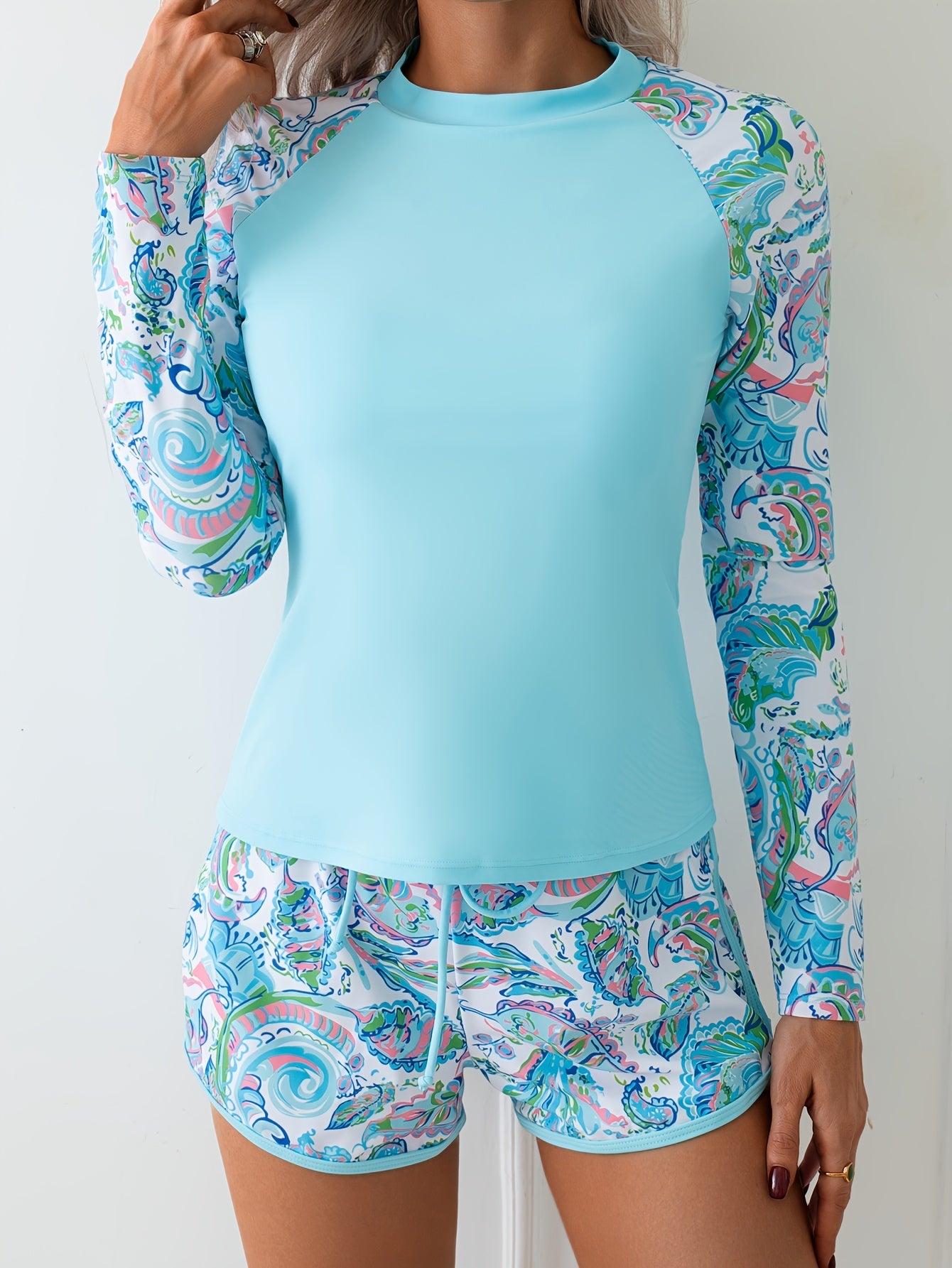 Women'S Tankini Set Long Sleeve Style Boxer Briefs Two-Piece