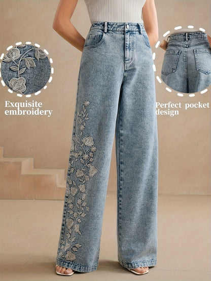 Women's Elegant Floral Embroidered Denim Trousers