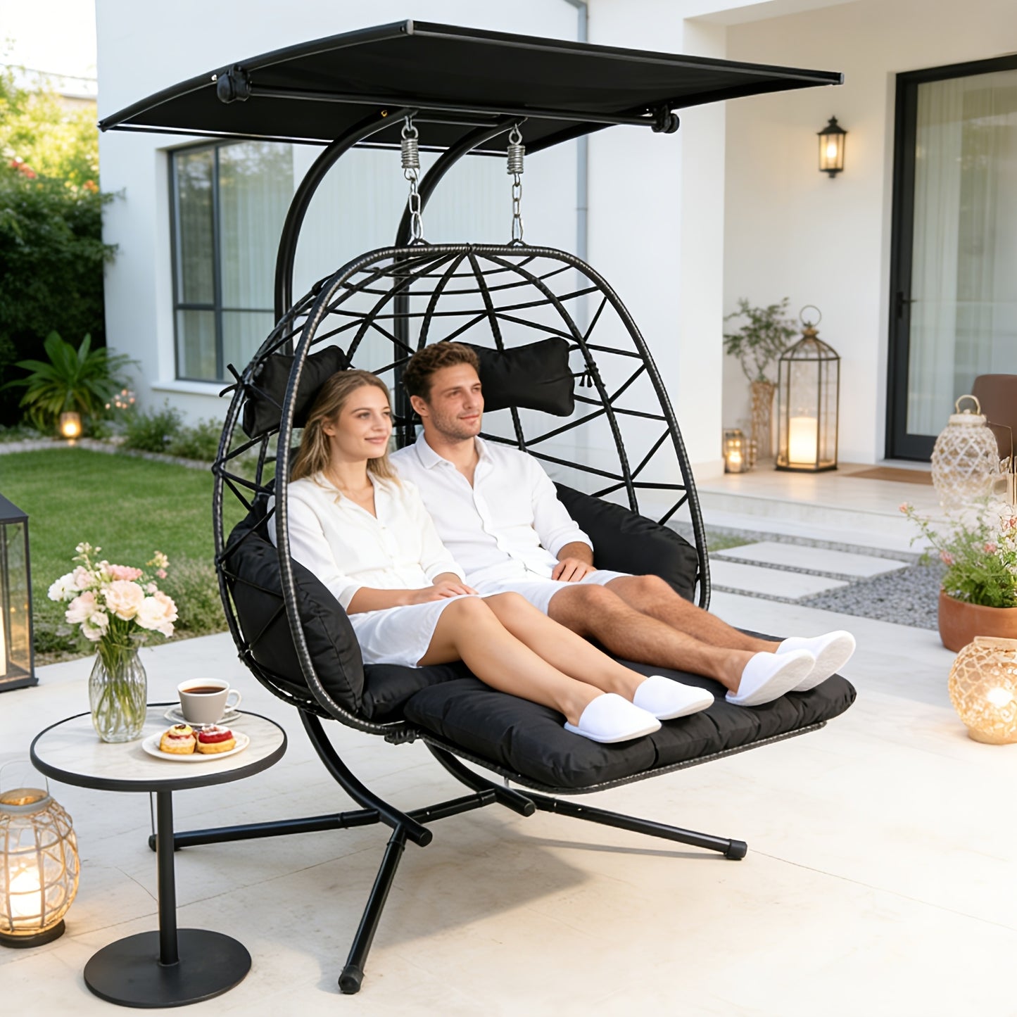 Double Egg Swing Chair with Stand, Outdoor Patio 2 Person Hammock Swing Chair All-Weather Rattan Wicker Hanging Egg Chairs with Cushion, Swinging Loveseat for Lawn Garden