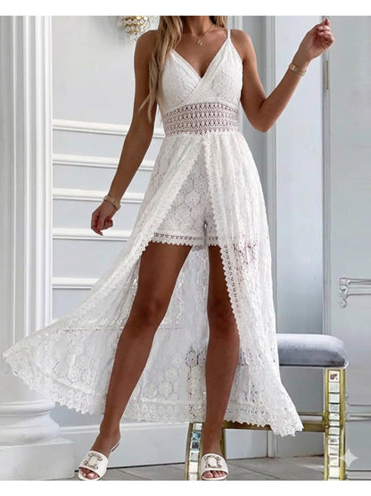 2026 Summer Fashionable and Elegant Women's Solid Color V-Neck Jumpsuit, Casual Summer Jumpsuit with Lace Patchwork, Irregular Design, Versatile for Commuting, Women's Slim Waist Jumpsuit