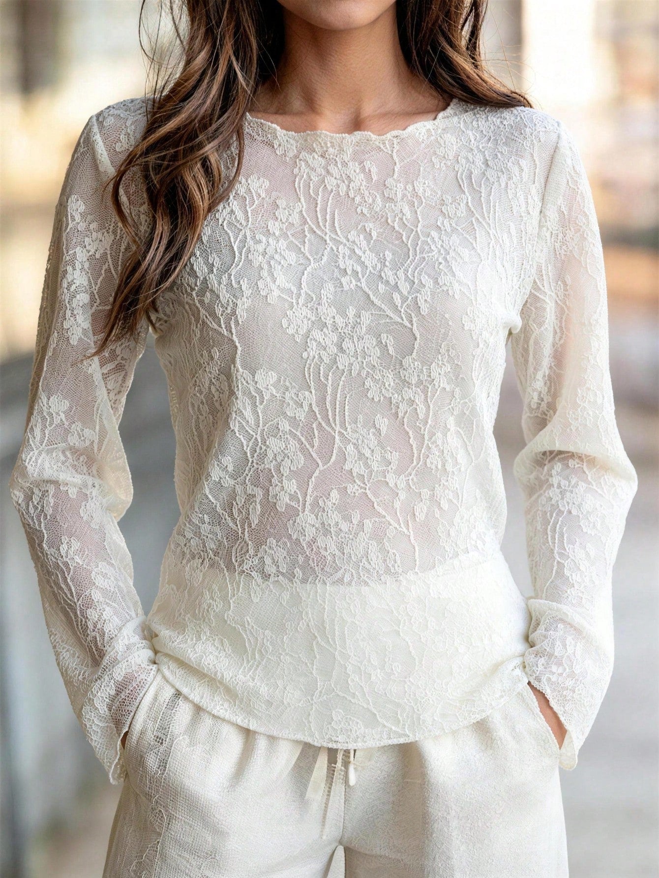 French Beige Lace Long-Sleeved Top Women'S 2026 Summer Floral See-Through Waist Flared Sleeves Temperament Commuter Blouse
