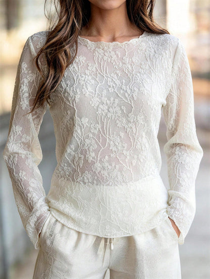French Beige Lace Long-Sleeved Top Women'S 2026 Summer Floral See-Through Waist Flared Sleeves Temperament Commuter Blouse