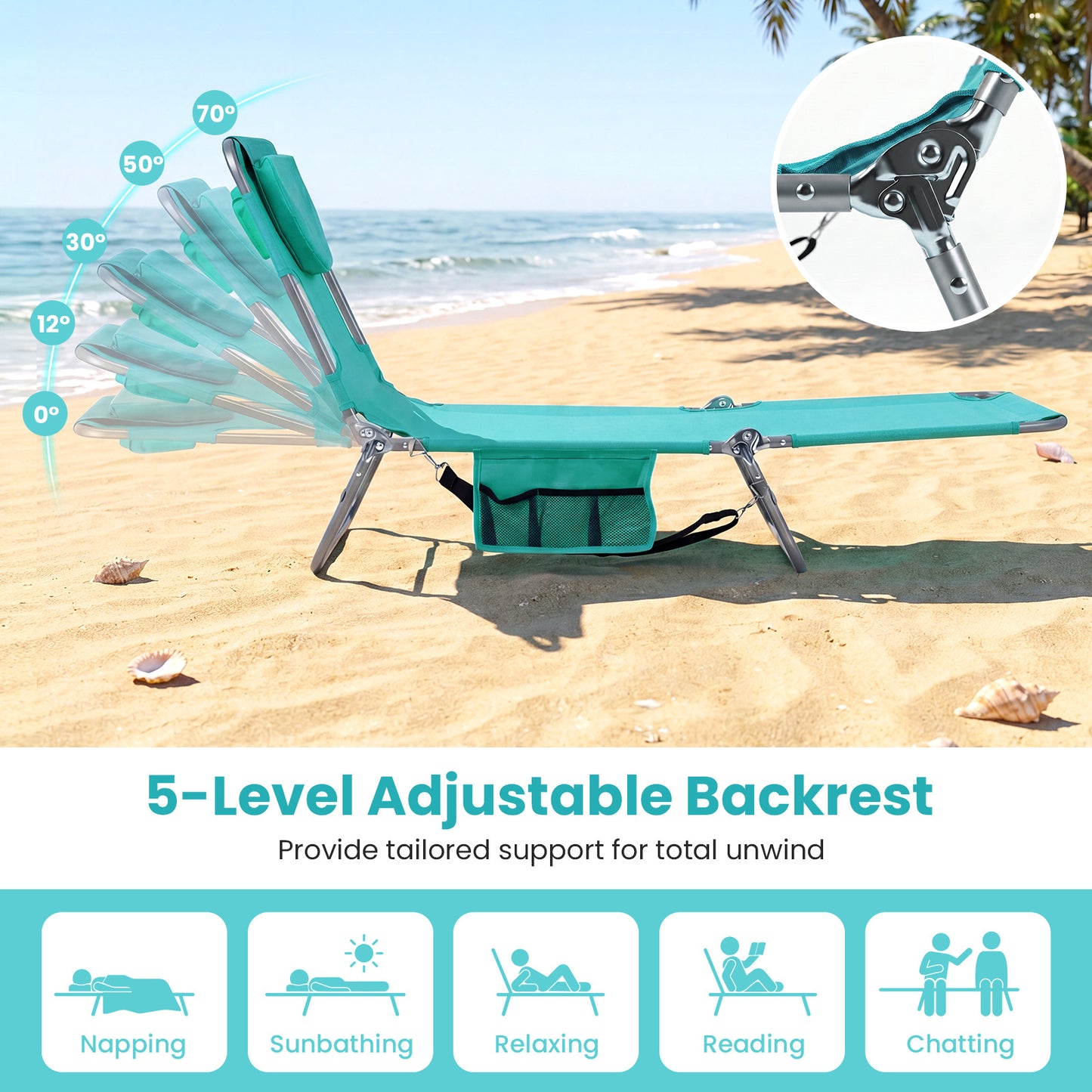 COSTWAY Outdoor Tanning Chair, Folding Beach Lounge Chair w/5-Position Adjustable Backrest & Storage Pocket, Portable Sunbathing Chair w/Face Hole, 2 Arm Holes & Removable Cushions for Beach, Poolside & Lawn