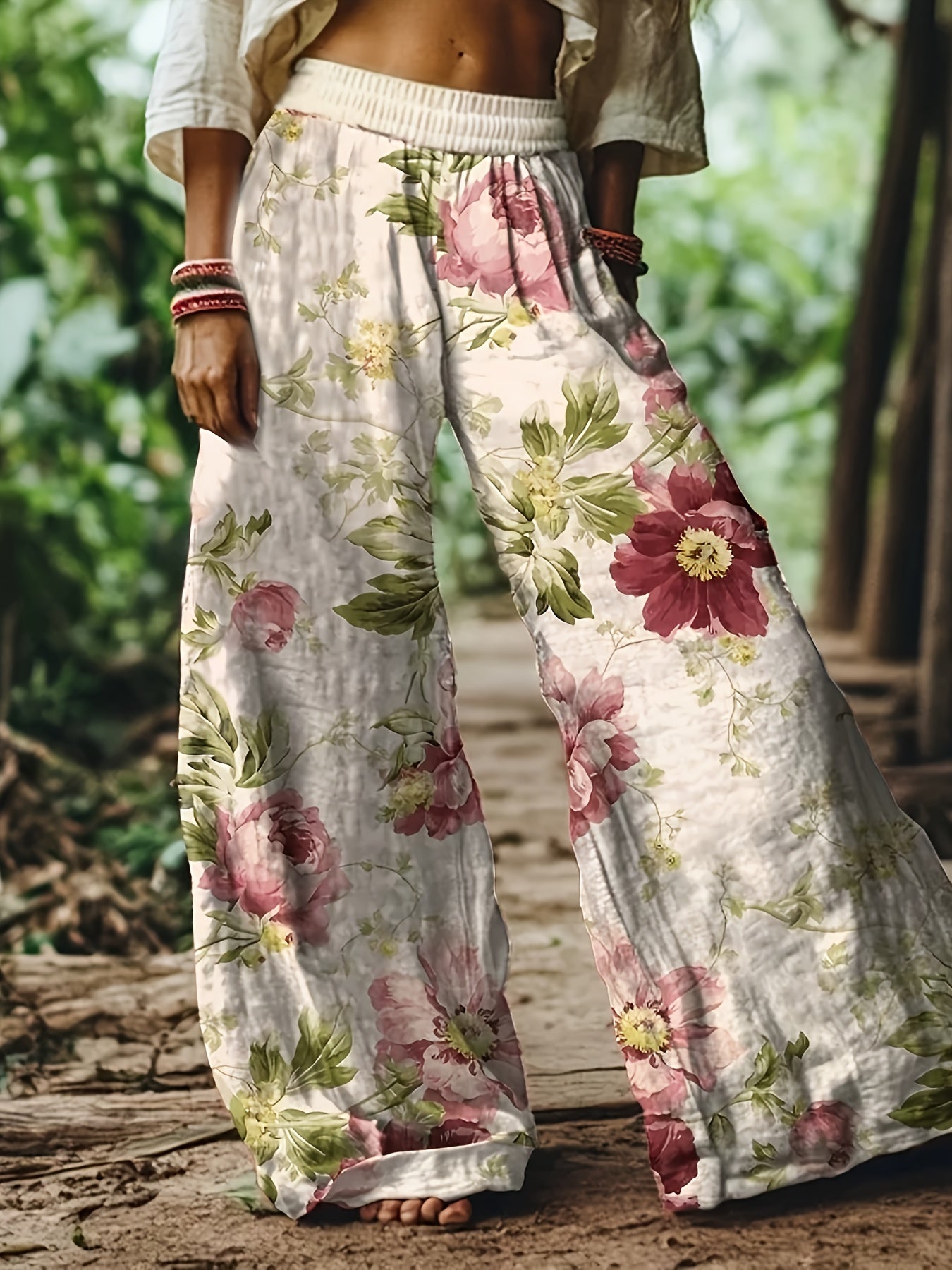 Women's Boho Floral Palazzo Pants: High-Waisted Wide-Leg Trousers with Pink Blooms & Green Leaves on White for Garden Parties, Beach Vacations, Casual Daily Wear and Cozy Bohemian Style.