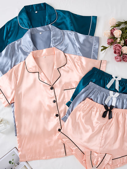 3 Pack Casual Fashion Comfortable Women'S Satin Set, Three Colors Plain Sleepwear with Button-Up Short Sleeve Shirt And Bow-Front Elastic Shorts