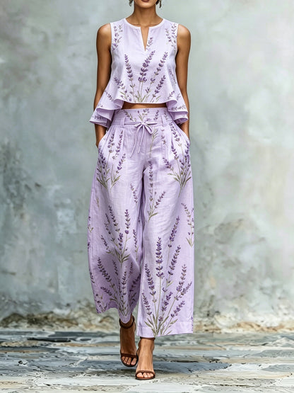 European And American Summer Sleeveless V-Neck Top And High-Waisted Wide-Leg Pants Set