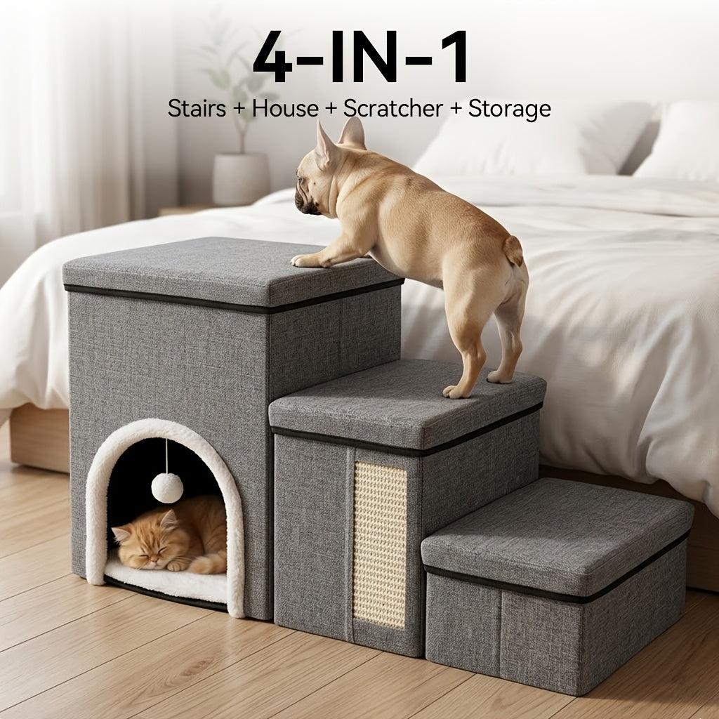 1pc Foldable Dog Ramp - Anti-Slip Multi-Tier Fabric Steps with Hidden Storage, 3-Tier Configuration Dog Staircase, Ideal for High Beds And Sofa, Durable Wear-Resistant Construction, Solid Stairs with Cat Scratcher And Cat Toys