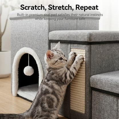 1pc Foldable Dog Ramp - Anti-Slip Multi-Tier Fabric Steps with Hidden Storage, 3-Tier Configuration Dog Staircase, Ideal for High Beds And Sofa, Durable Wear-Resistant Construction, Solid Stairs with Cat Scratcher And Cat Toys