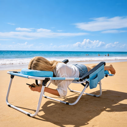 LILYPELLE 5-Position Adjustable Face Hole Beach Chair with Arm Holes And Cushion, Folding Reclining Lounge Chair with Footrest for Outdoor Patio, Lawn, Backyard And Camping, 440Lbs Weight Capacity