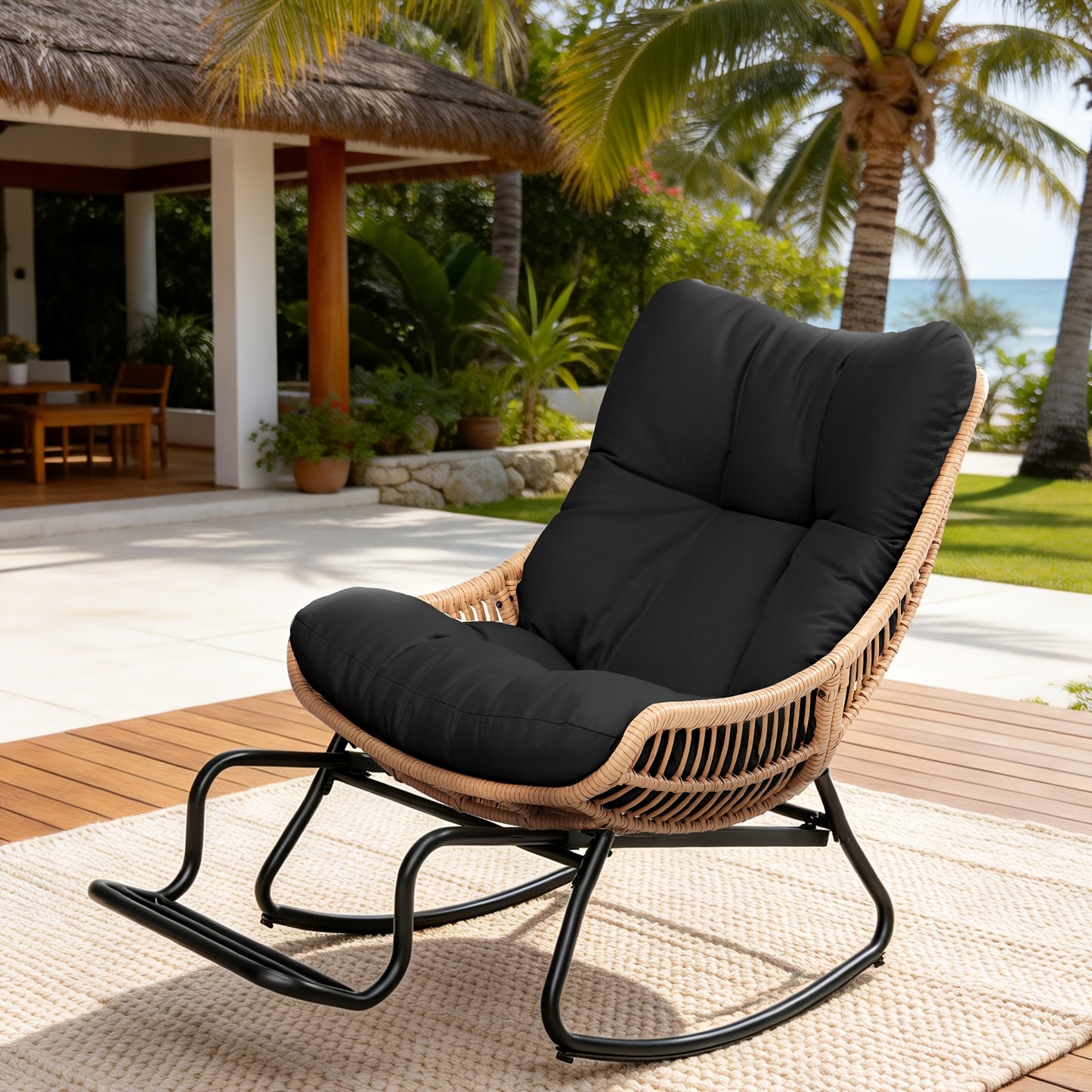 Outdoor Papasan Rocking Chair with Adjustable Footrest, Oversized Rocking Egg Chair Comfortable Outdoor Lounge Chairs for Patio Garden Deck Relaxation And Leisure Perfect for Outdoor Use Stylish Design