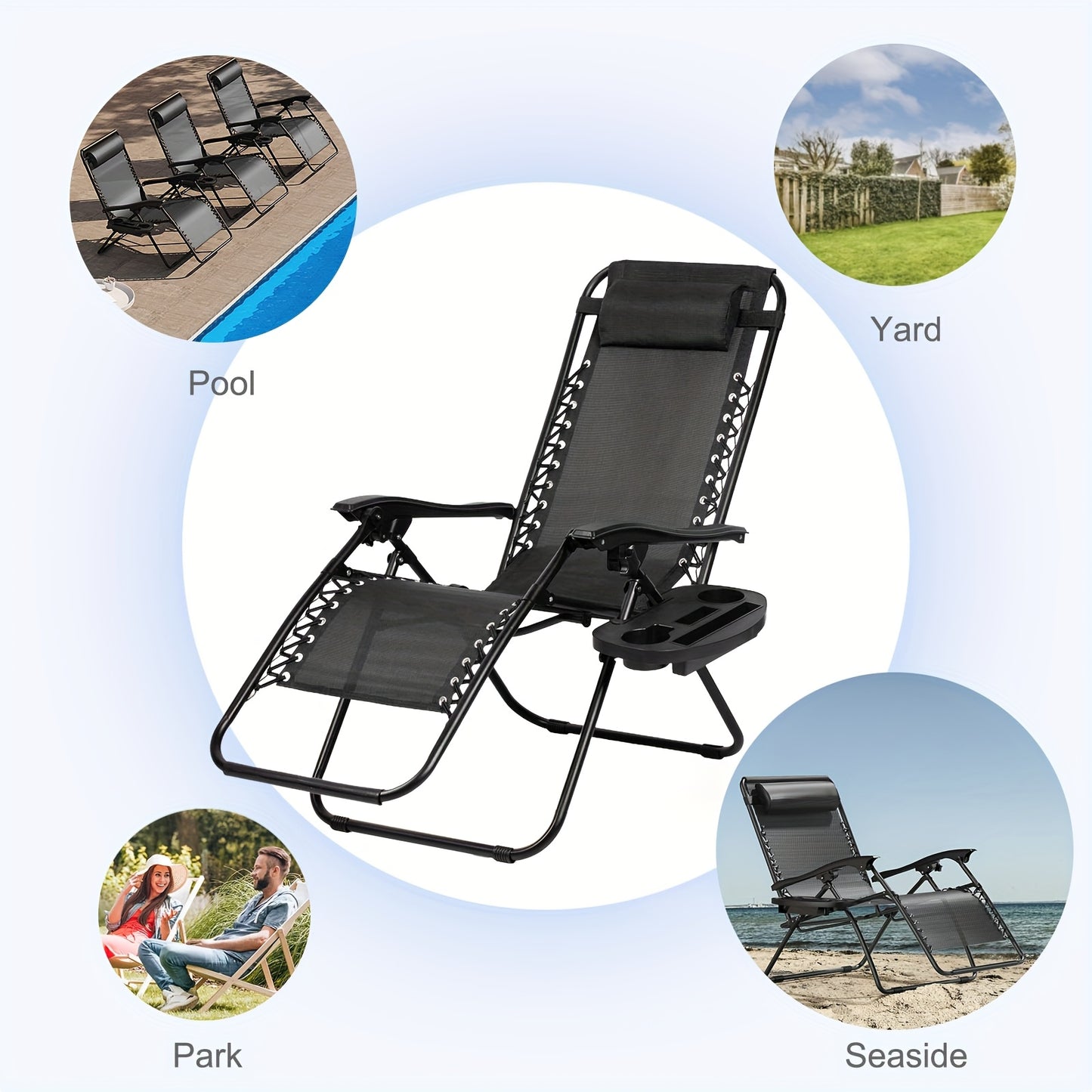 Pair of Outdoor Adjustable Lounge Chairs, Zero Gravity Recliners, Ideal for Camping And Beach Relaxation, Featuring a Cup Holder