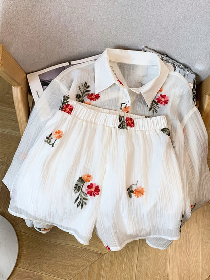 ASD1 Spring/Summer Casual Elegant Vacation Commute Date Outdoor Outfit Romantic Floral Embroidered Long Sleeve Shirt with Elastic Waist Shorts 2pcs Set for Women