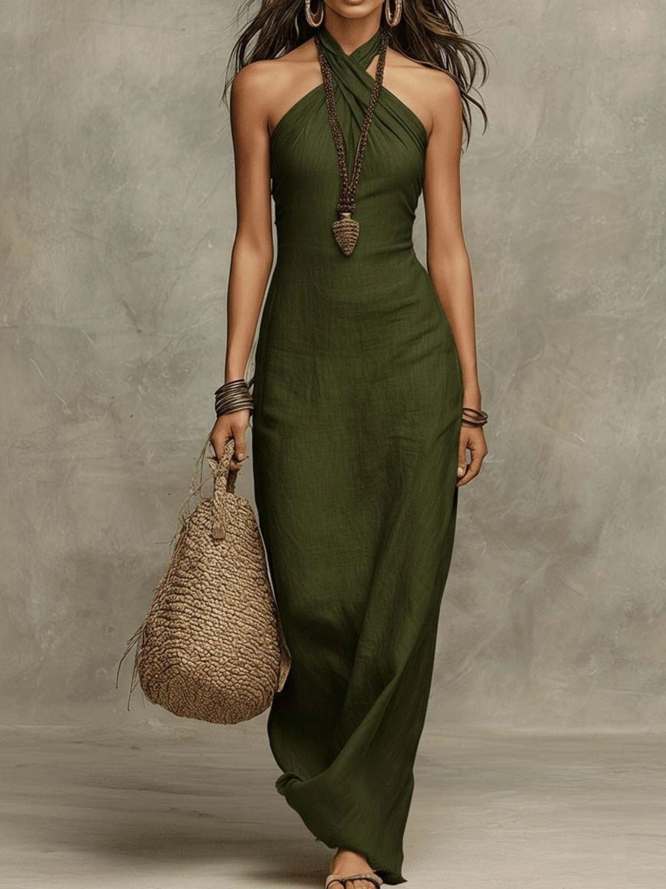 2026 New Halter Neck Linen Long Dress Casual Women'S Clothing