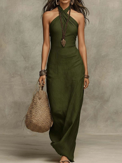 2026 New Halter Neck Linen Long Dress Casual Women'S Clothing