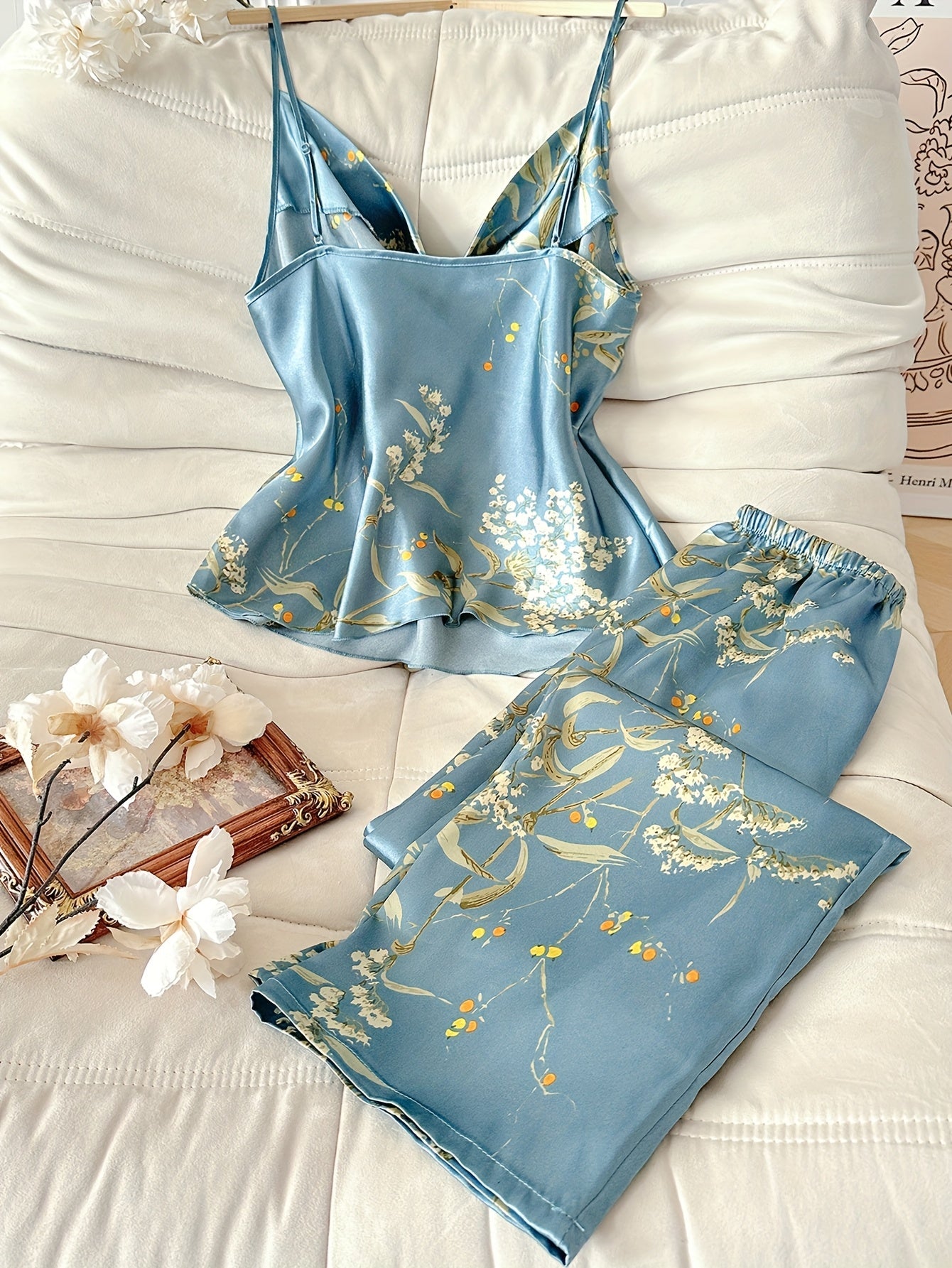Women's 2pcs Cherry Print Pile Neck Nightgown - Elegant Sleepwear Matching Pajamas, All-Season Machine Washable Sleepwear Suit for s, 2pcs set (Non-)