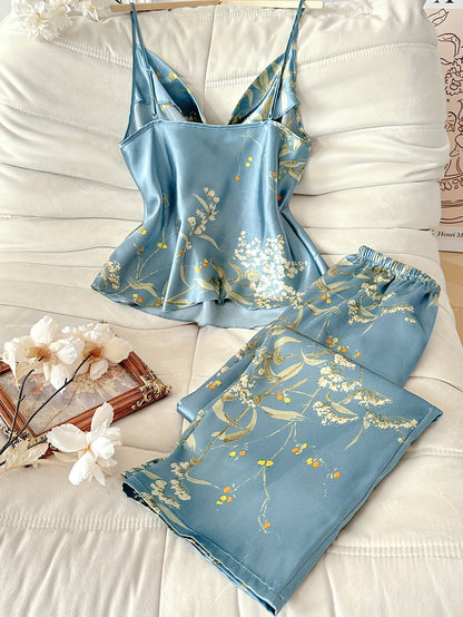 Women's 2pcs Cherry Print Pile Neck Nightgown - Elegant Sleepwear Matching Pajamas, All-Season Machine Washable Sleepwear Suit for s, 2pcs set (Non-)