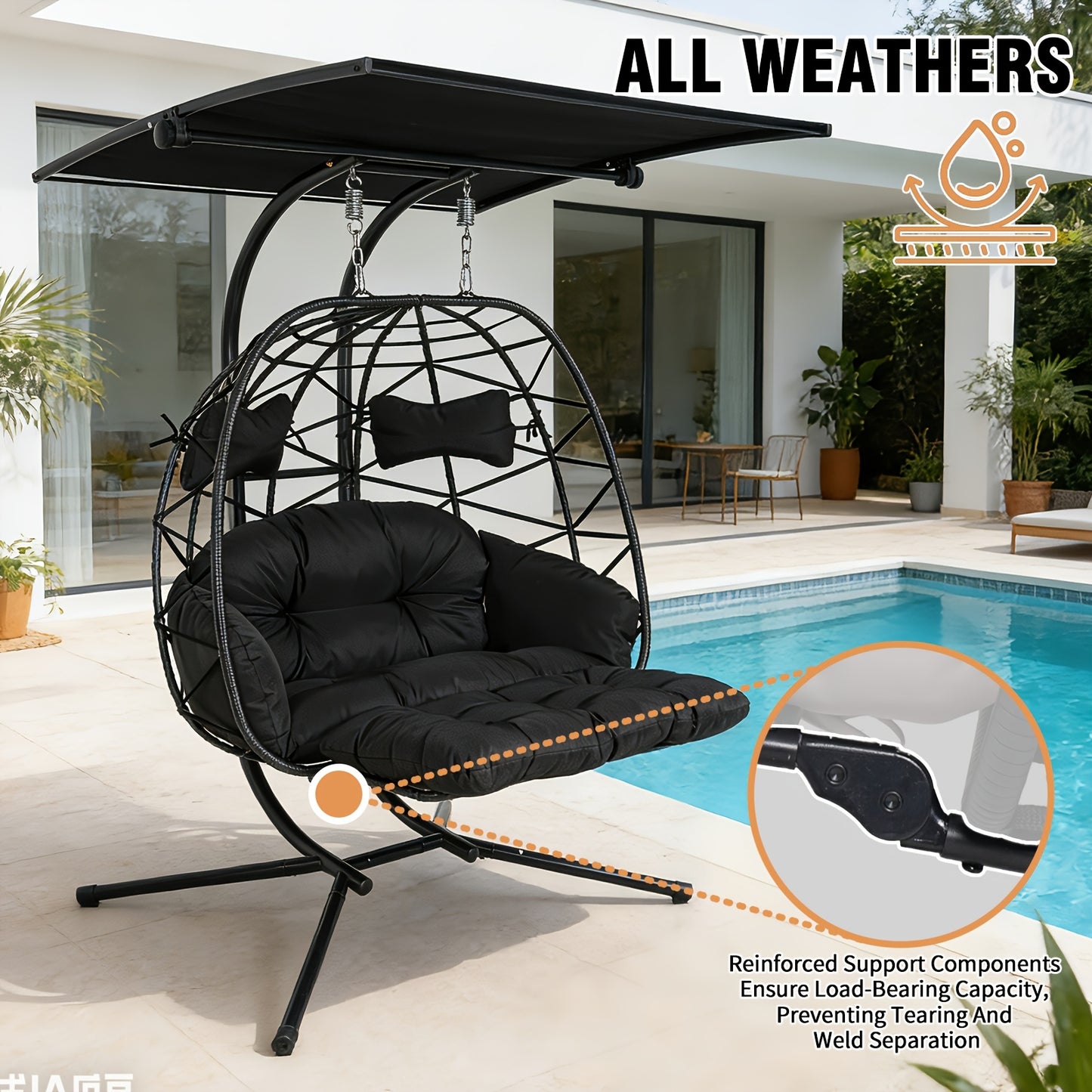 Double Egg Swing Chair with Stand, Outdoor Patio 2 Person Hammock Swing Chair All-Weather Rattan Wicker Hanging Egg Chairs with Cushion, Swinging Loveseat for Lawn Garden