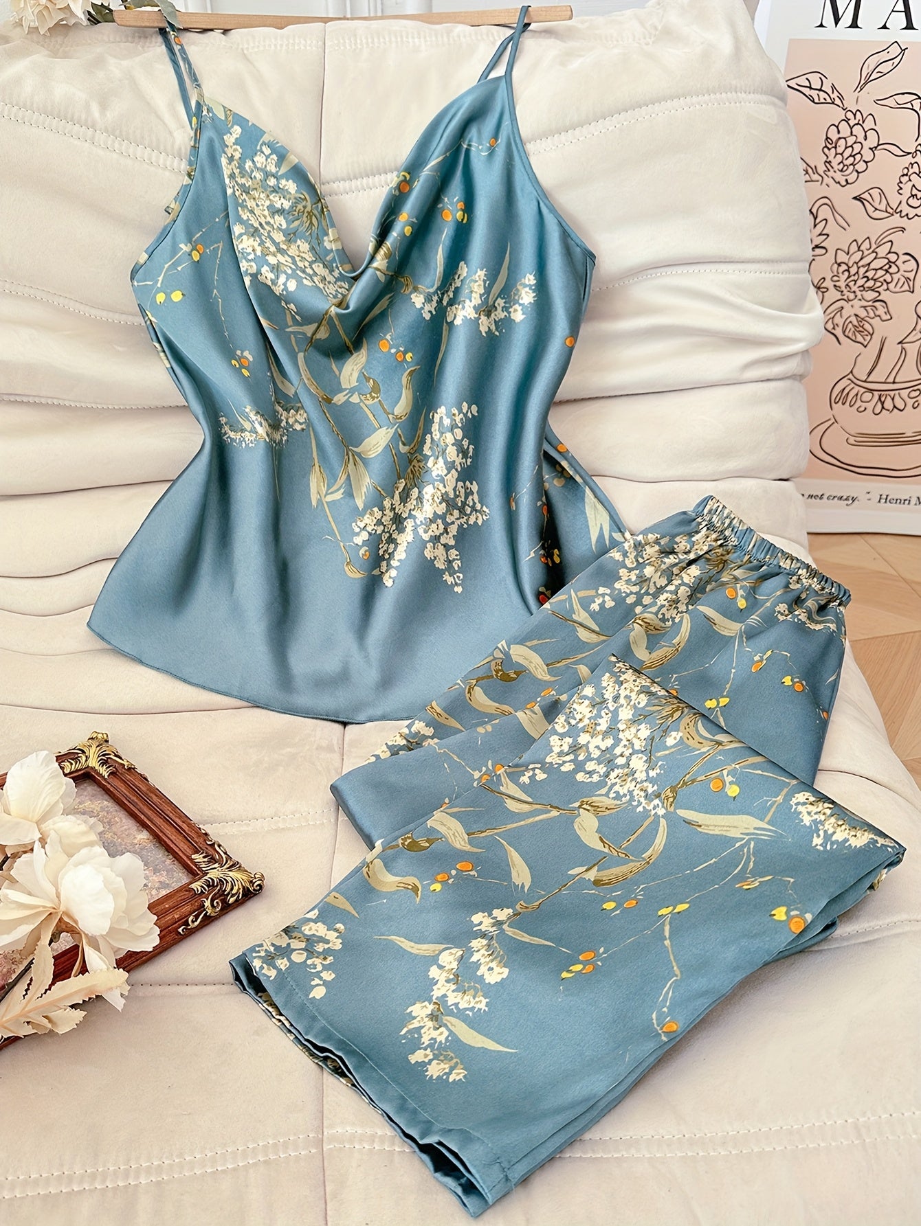 Women's 2pcs Cherry Print Pile Neck Nightgown - Elegant Sleepwear Matching Pajamas, All-Season Machine Washable Sleepwear Suit for s, 2pcs set (Non-)