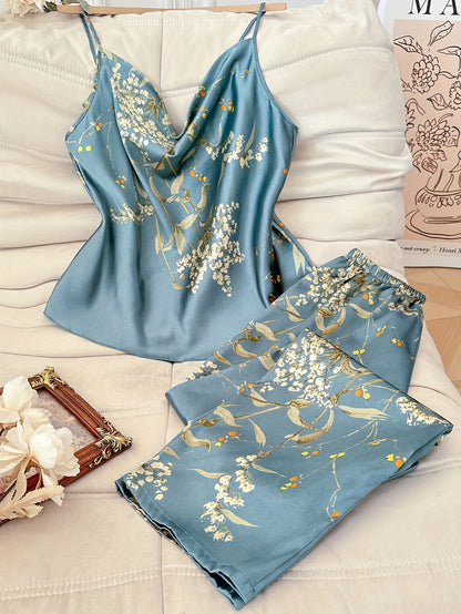 Women's 2pcs Cherry Print Pile Neck Nightgown - Elegant Sleepwear Matching Pajamas, All-Season Machine Washable Sleepwear Suit for s, 2pcs set (Non-)