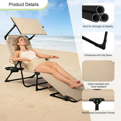Folding Lounge Chairs for Outside, Beach Patio Lounge Chair with Canopy, Sunbathing/Tanning Chair with 4 Adjustable Backrest & Cup & Pillow, Holds 330 Lb, Outdoor Garden Pool